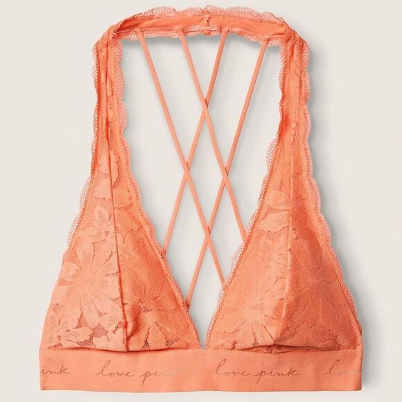 Victorias Secret Pink Lightly Lined Strappy Lace bralette bra Coral cream - Picture 2 of 6